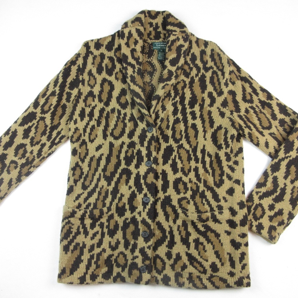 Vintage Ralph Lauren Leopard Print Cardigan Sweater, Hand Knit, Lambswool, M L